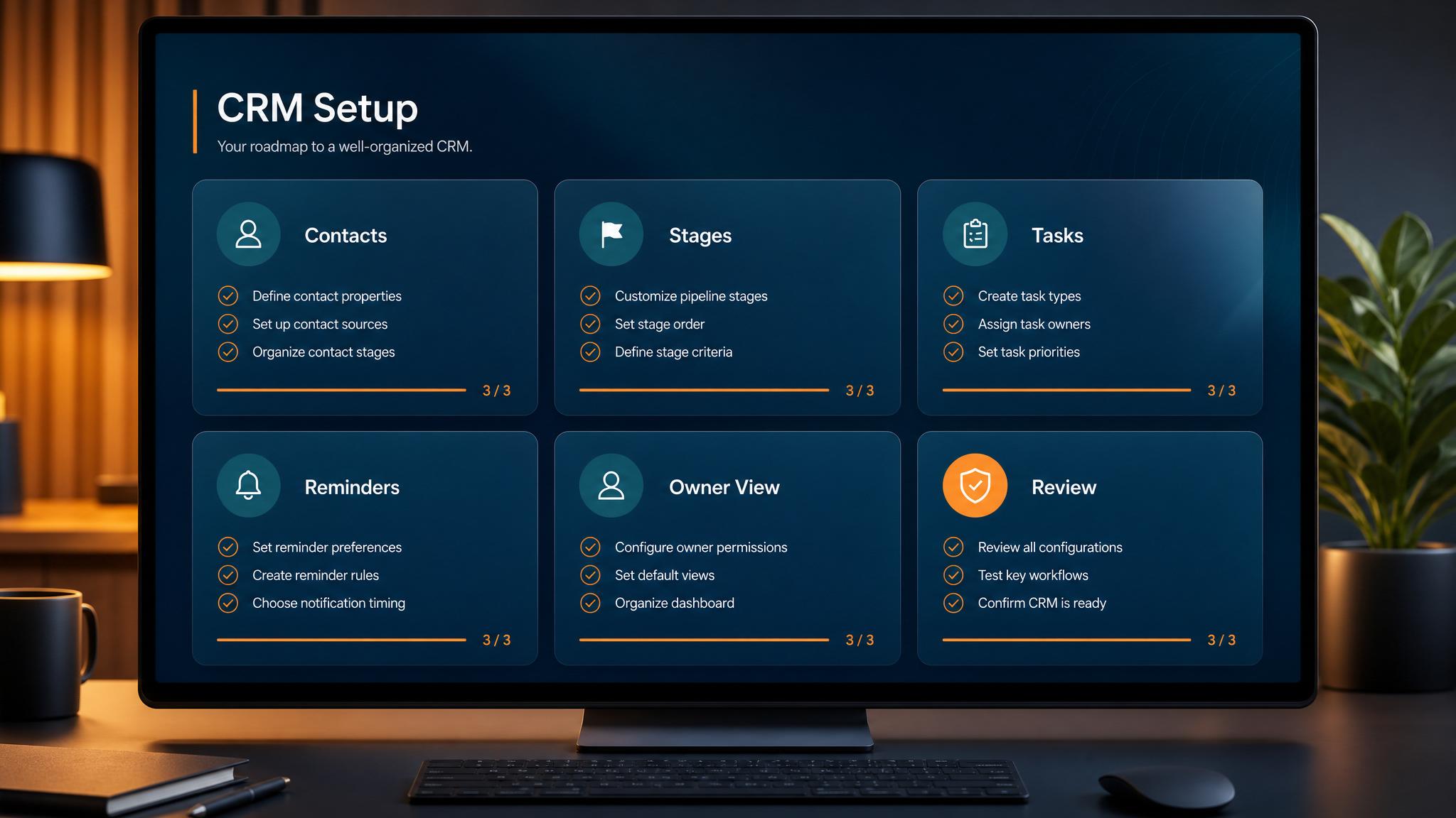 CRM setup dashboard showing contacts, stages, tasks, reminders, owner view, and review steps
