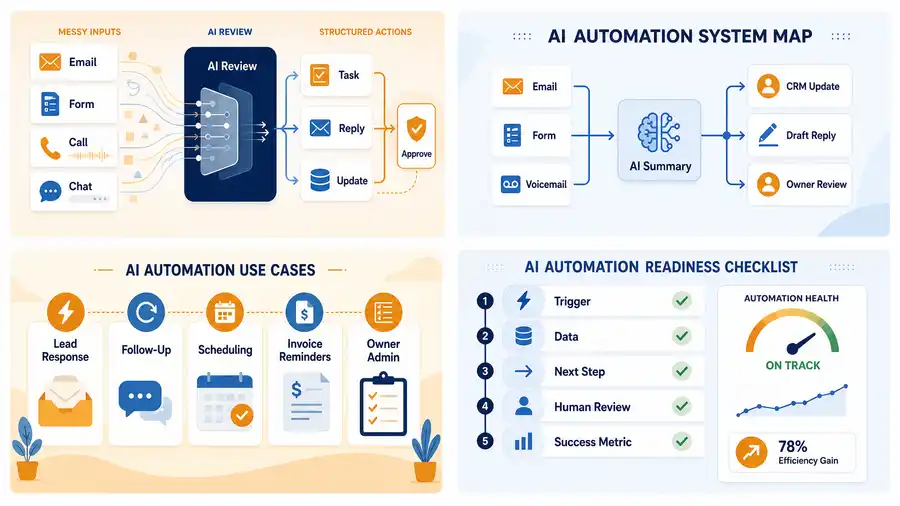 Workflow diagram showing lead, follow-up, scheduling, invoice, and owner-admin AI automation opportunities