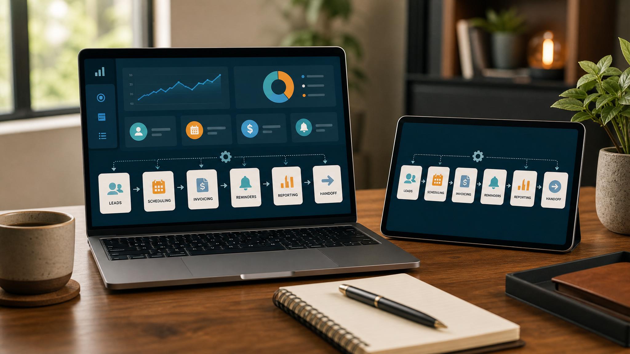 Small business automation dashboard showing leads, scheduling, invoicing, reminders, reporting, and owner handoff