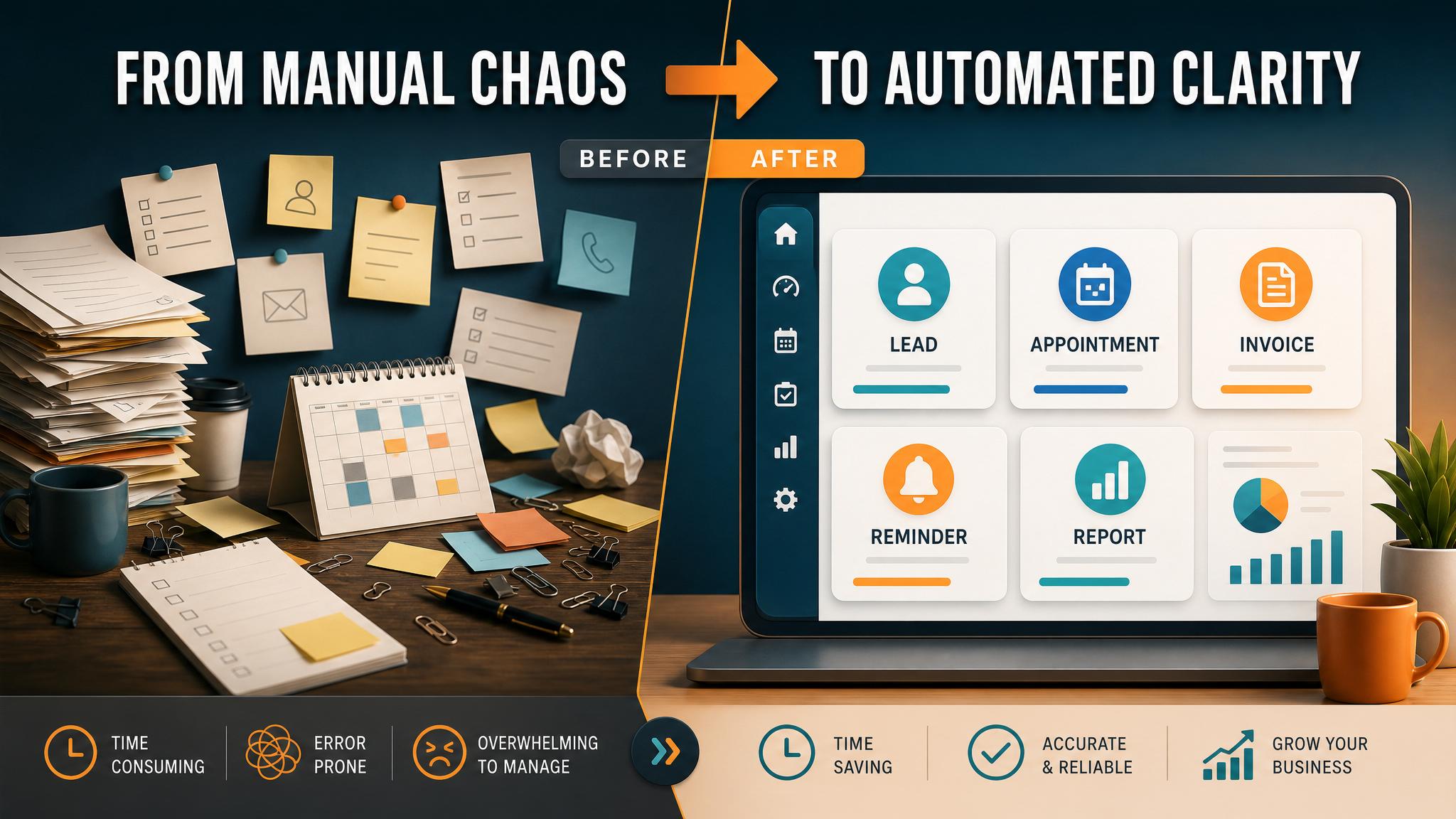Small business automation dashboard showing leads, scheduling, invoicing, reminders, reporting, and owner handoff practical implementation visual