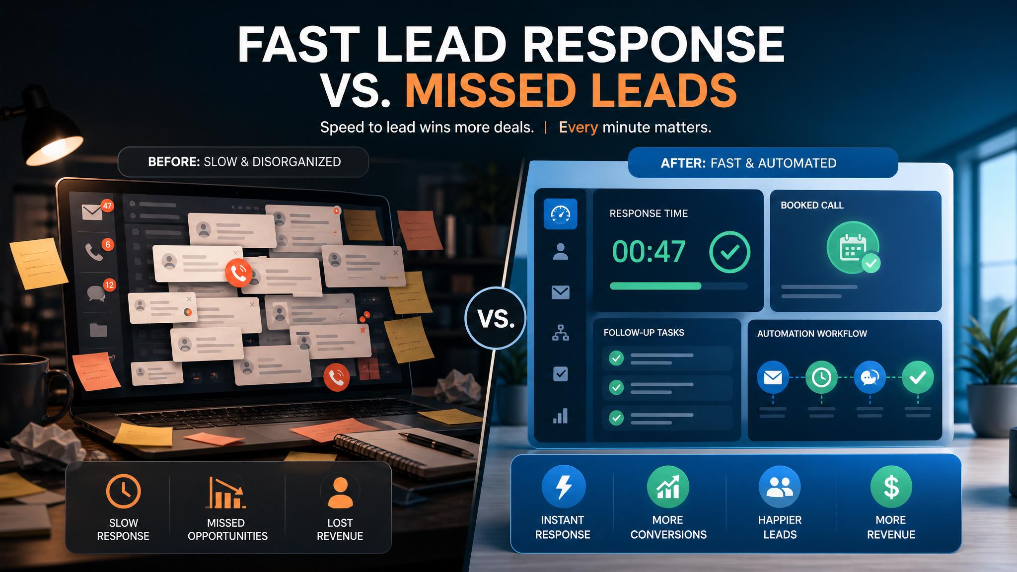 Before and after view of missed leads organized into an automated lead response dashboard