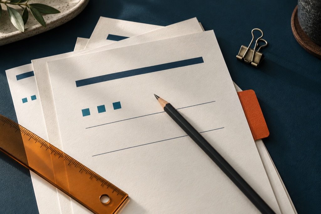 Review sheets, a pencil and an orange divider arranged on a navy desk.